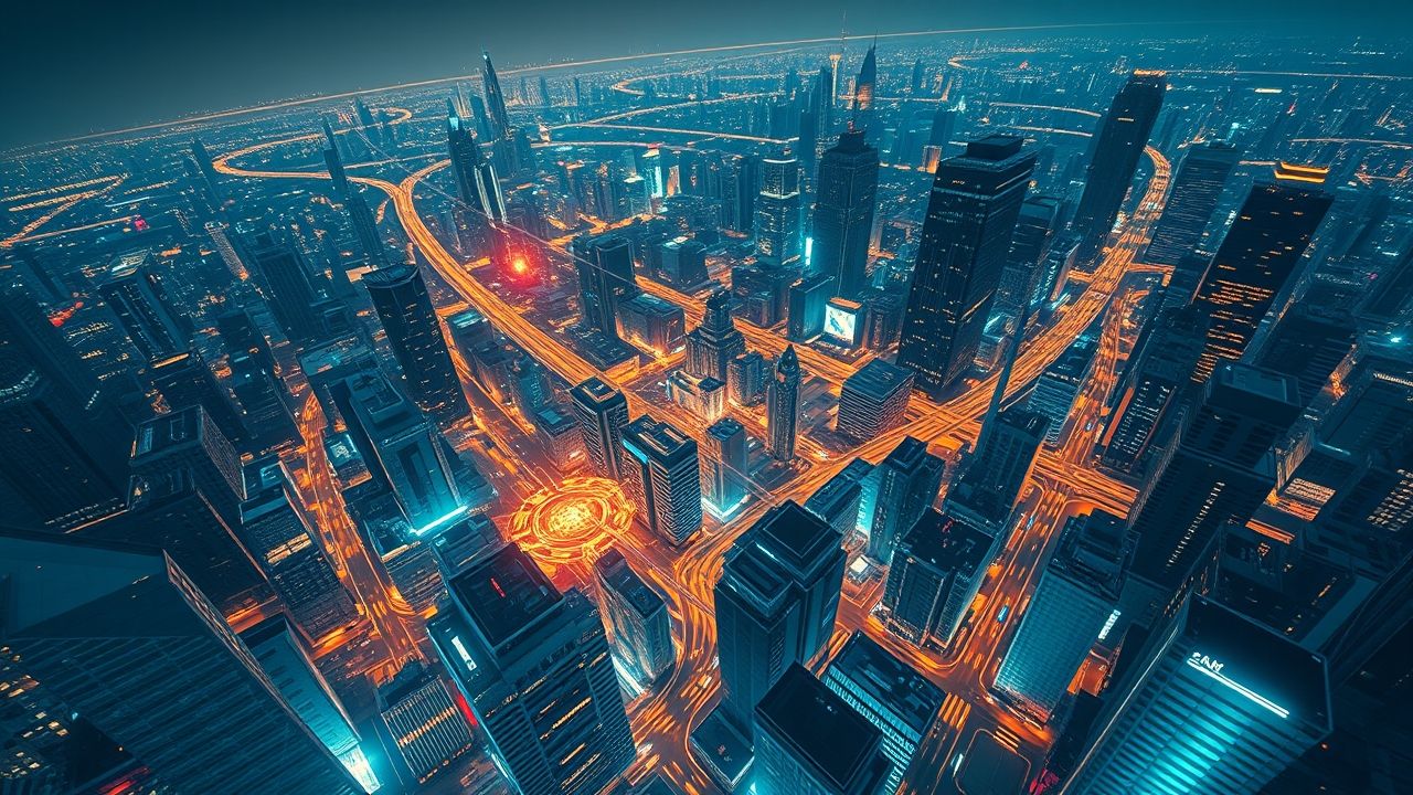 a wide high angle view of a sprawling futuristic metropolis undergoing an instantaneous transform