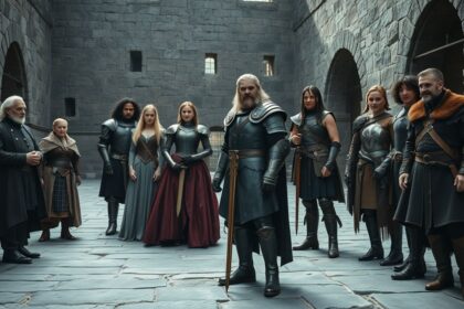 a wide highly detailed cinematic shot capturing an iconic ensemble of diverse characters from a spr