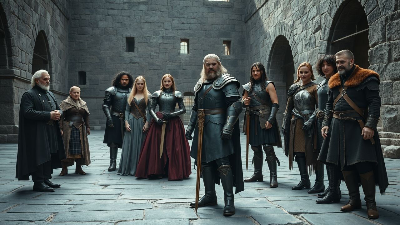 a wide highly detailed cinematic shot capturing an iconic ensemble of diverse characters from a spr