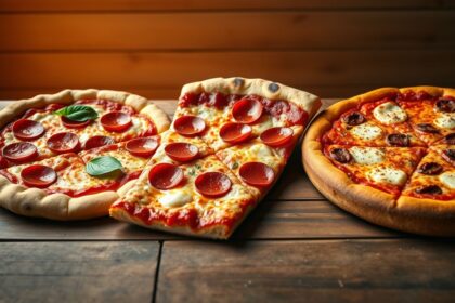 a wide inviting landscape shot of a rustic wooden table showcasing three distinct and iconic pizza