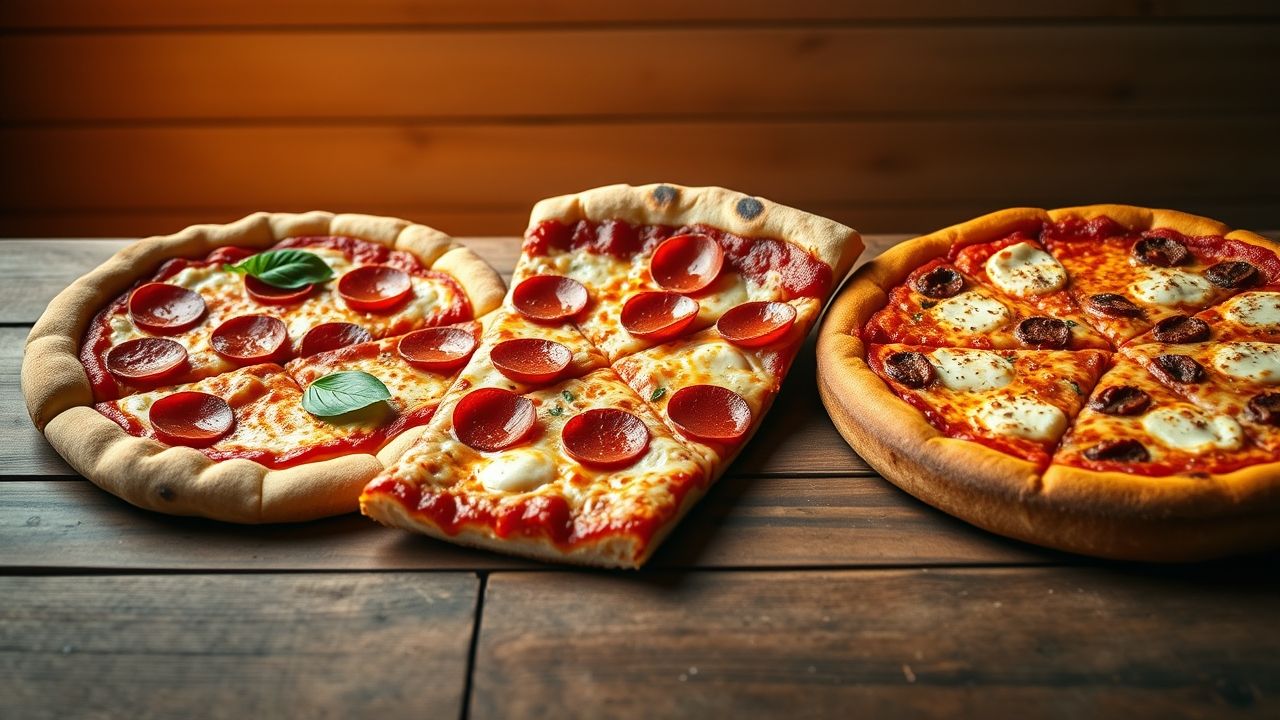 a wide inviting landscape shot of a rustic wooden table showcasing three distinct and iconic pizza
