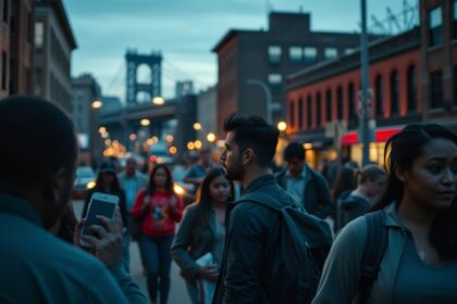 a wide landscape cinematic shot of a bustling yet calm milwaukee street scene during the blue hour