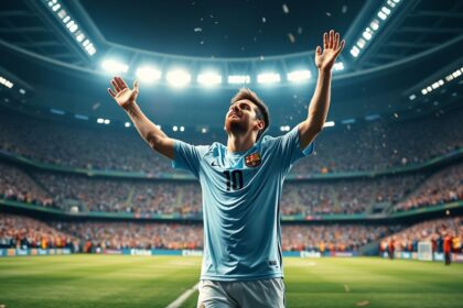 a wide landscape format hyperrealistic photograph capturing lionel messi in a moment of ultimate t