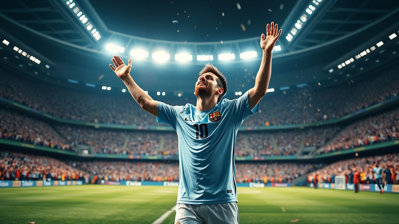 a wide landscape format hyperrealistic photograph capturing lionel messi in a moment of ultimate t