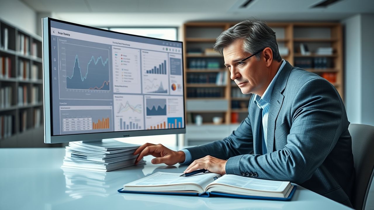 a wide landscape image of a diligent focused middle aged male academic professionally dressed i