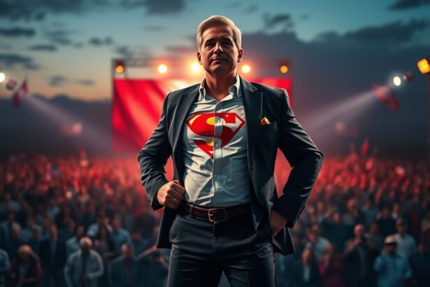 a wide landscape image of a prominent male political figure standing confidently center stage at a