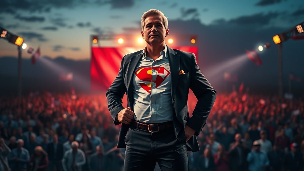 a wide landscape image of a prominent male political figure standing confidently center stage at a