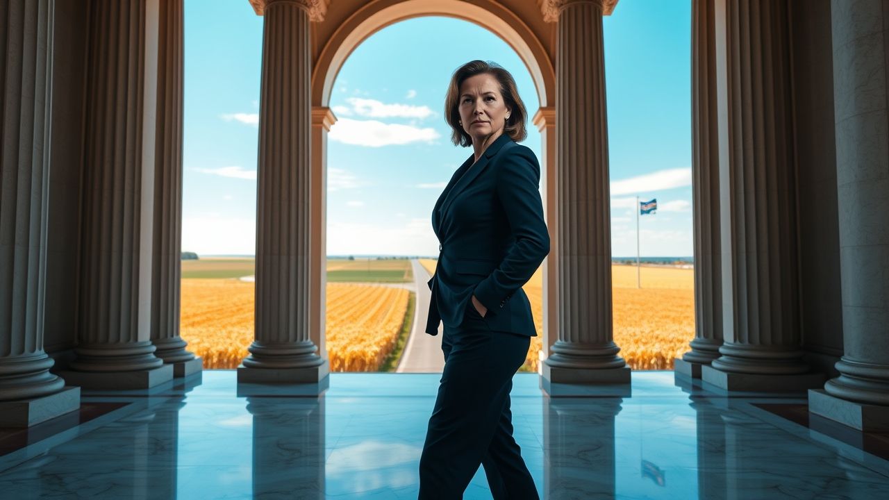 a wide landscape oriented high definition realistic photo of a determined and poised woman appear