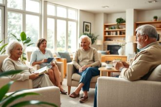 a wide landscape oriented image depicting a bright warm and inviting common area within a modern