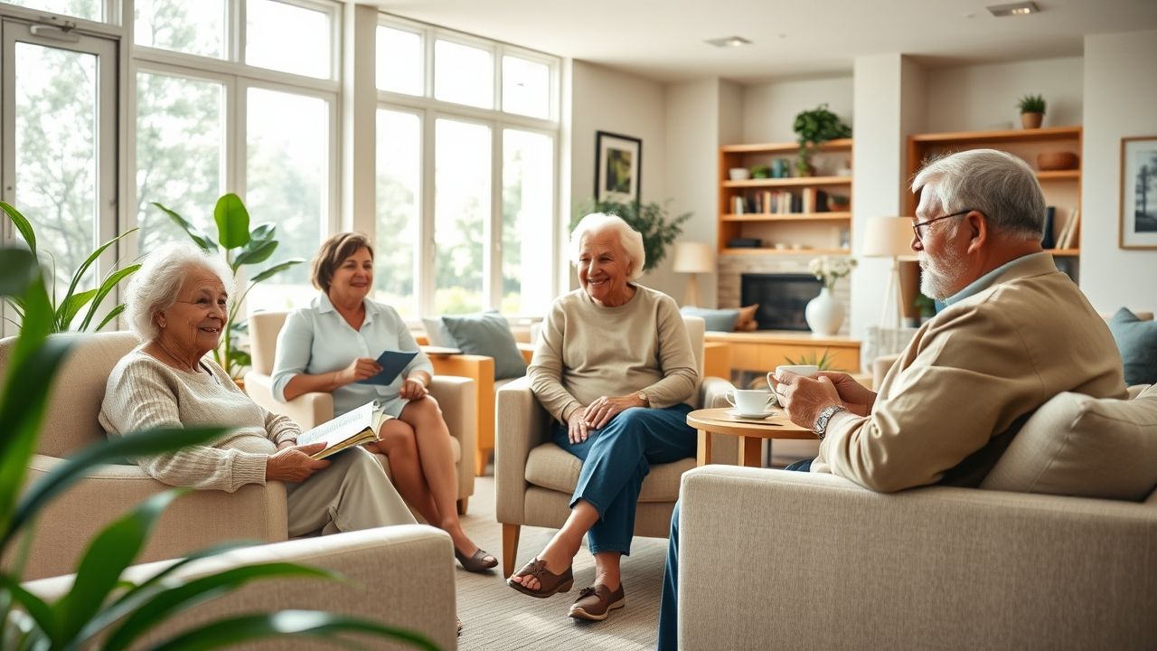 a wide landscape oriented image depicting a bright warm and inviting common area within a modern