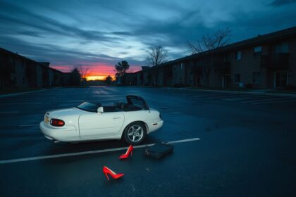 a wide landscape oriented realistic photograph of an eerie deserted apartment complex parking lot