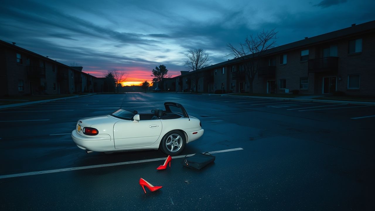 a wide landscape oriented realistic photograph of an eerie deserted apartment complex parking lot