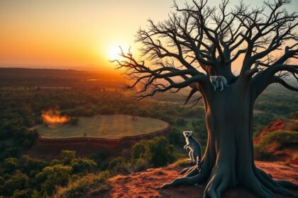 a wide landscape photograph capturing the essence of madagascar at golden hour in the foreground a