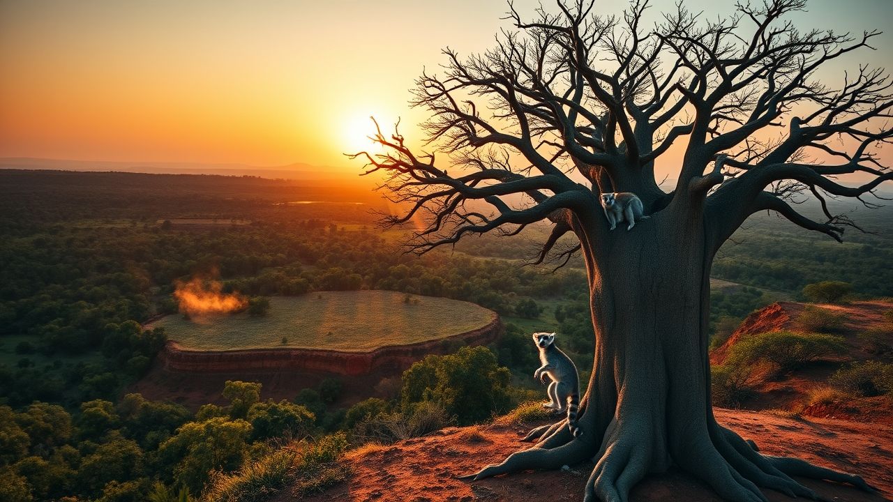 a wide landscape photograph capturing the essence of madagascar at golden hour in the foreground a