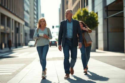 a wide landscape photorealistic image depicting an adult pedestrian gender neutral mid 40s app