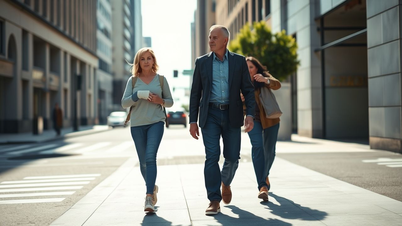 a wide landscape photorealistic image depicting an adult pedestrian gender neutral mid 40s app