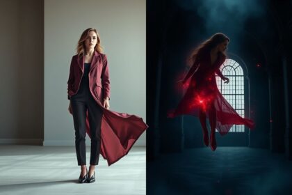 a wide landscape realistic photographic portrait of actress elizabeth olsen capturing her profoun