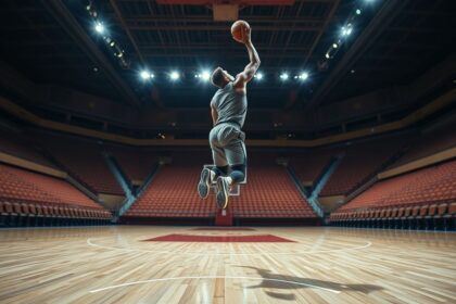 a wide landscape shot capturing a professional basketball player in mid action executing a fluid