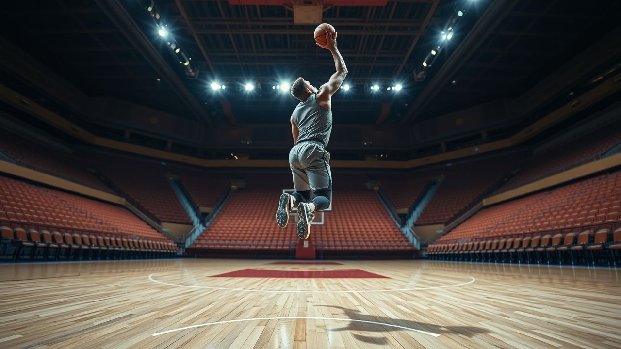 a wide landscape shot capturing a professional basketball player in mid action executing a fluid