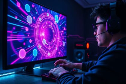 a wide landscape shot capturing an intensely focused gamer from a slightly elevated side angle de
