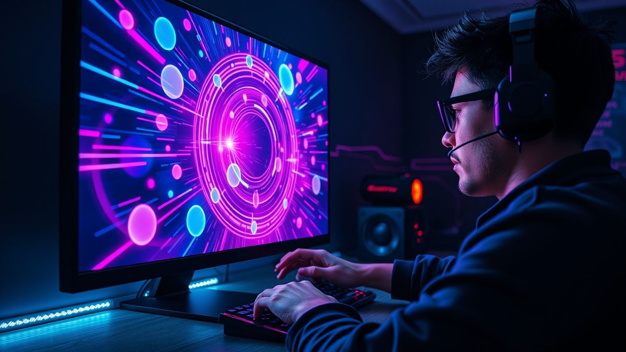 a wide landscape shot capturing an intensely focused gamer from a slightly elevated side angle de
