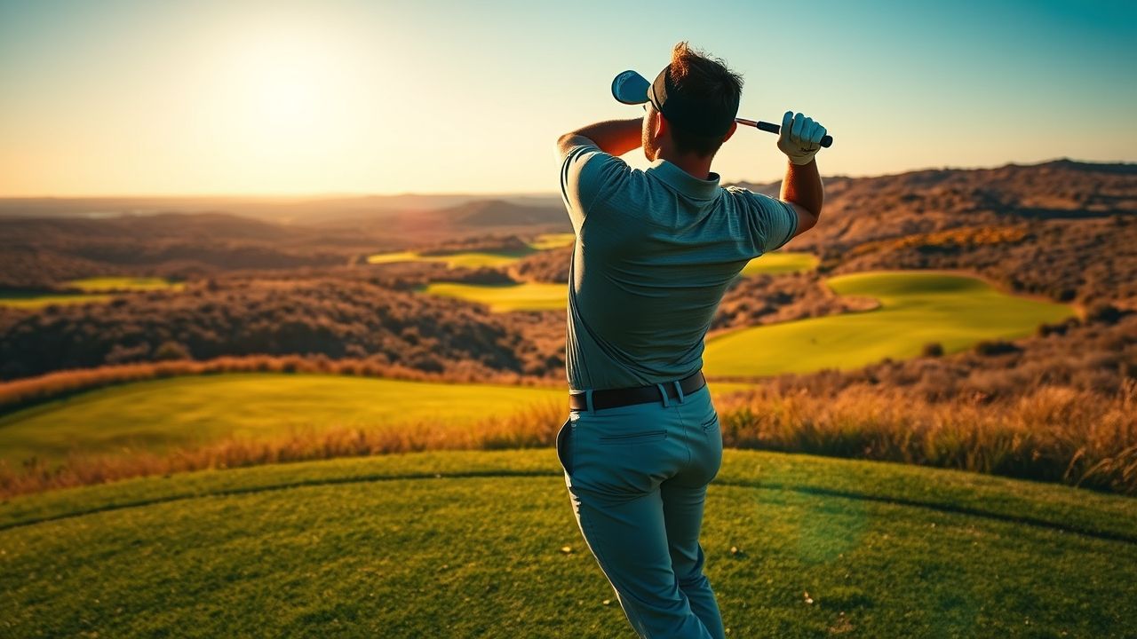 a wide landscape shot capturing professional golfer rory mcilroy in the powerful athletic follow t