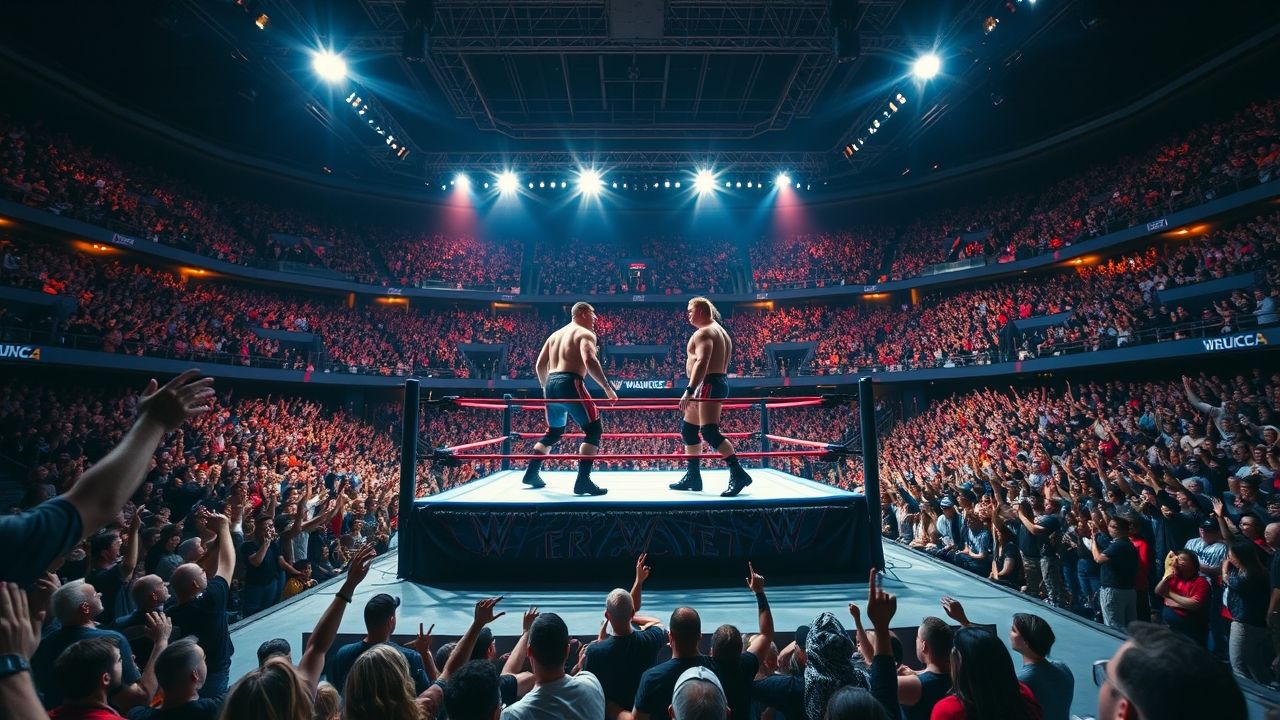 a wide landscape shot capturing the electrifying atmosphere of a packed modern professional wrestl
