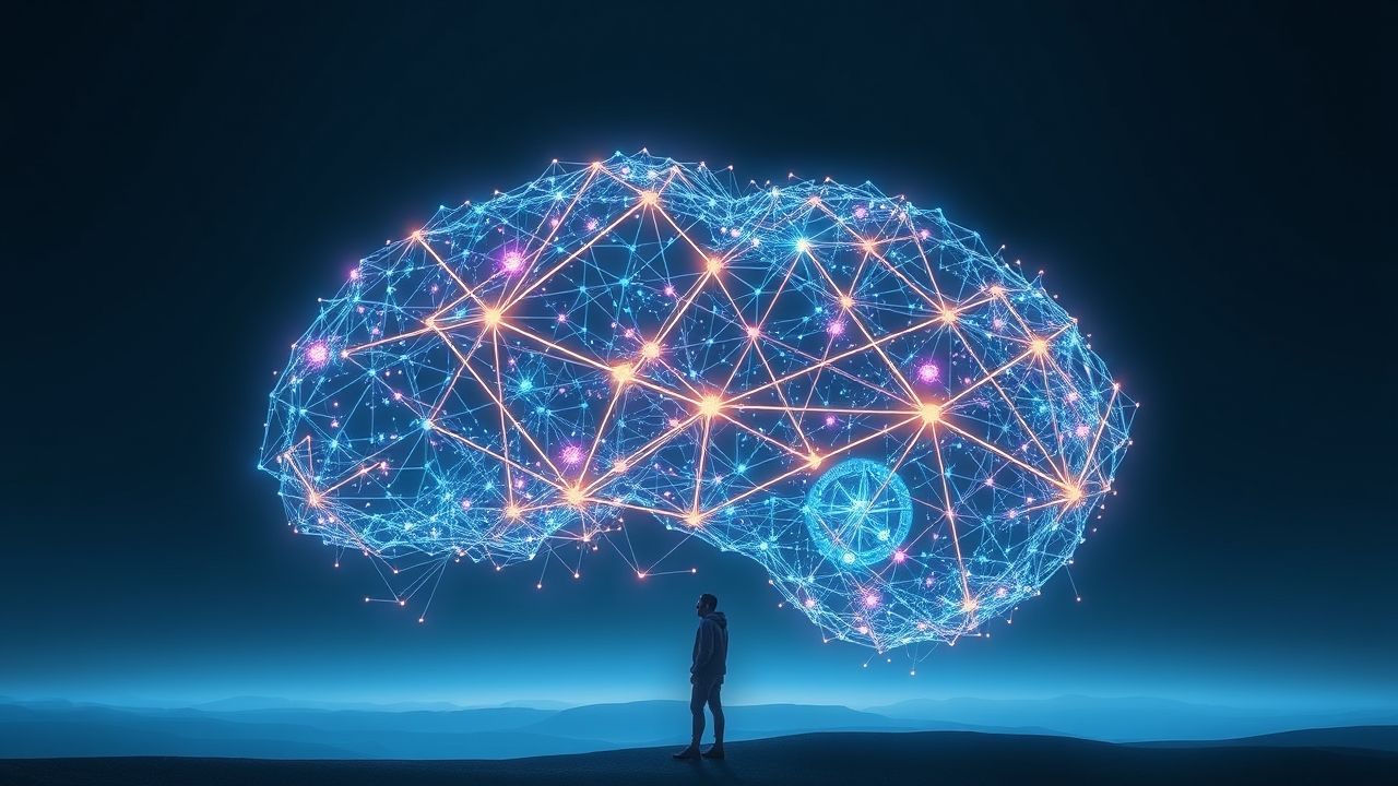 a wide landscape shot depicting a futuristic abstract representation of an advanced ai system th