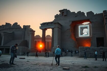 a wide landscape shot depicting an ancient archaeological site at dusk majestic weathered stone r