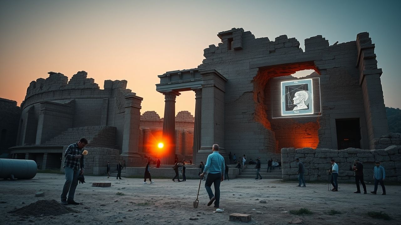 a wide landscape shot depicting an ancient archaeological site at dusk majestic weathered stone r