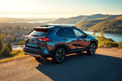 a wide landscape shot featuring a modern 5th generation toyota rav4 hybrid in a rich metallic deep