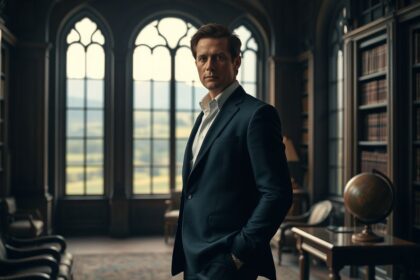 a wide landscape shot featuring ioan gruffudd approximately 50 years old standing poised and tho