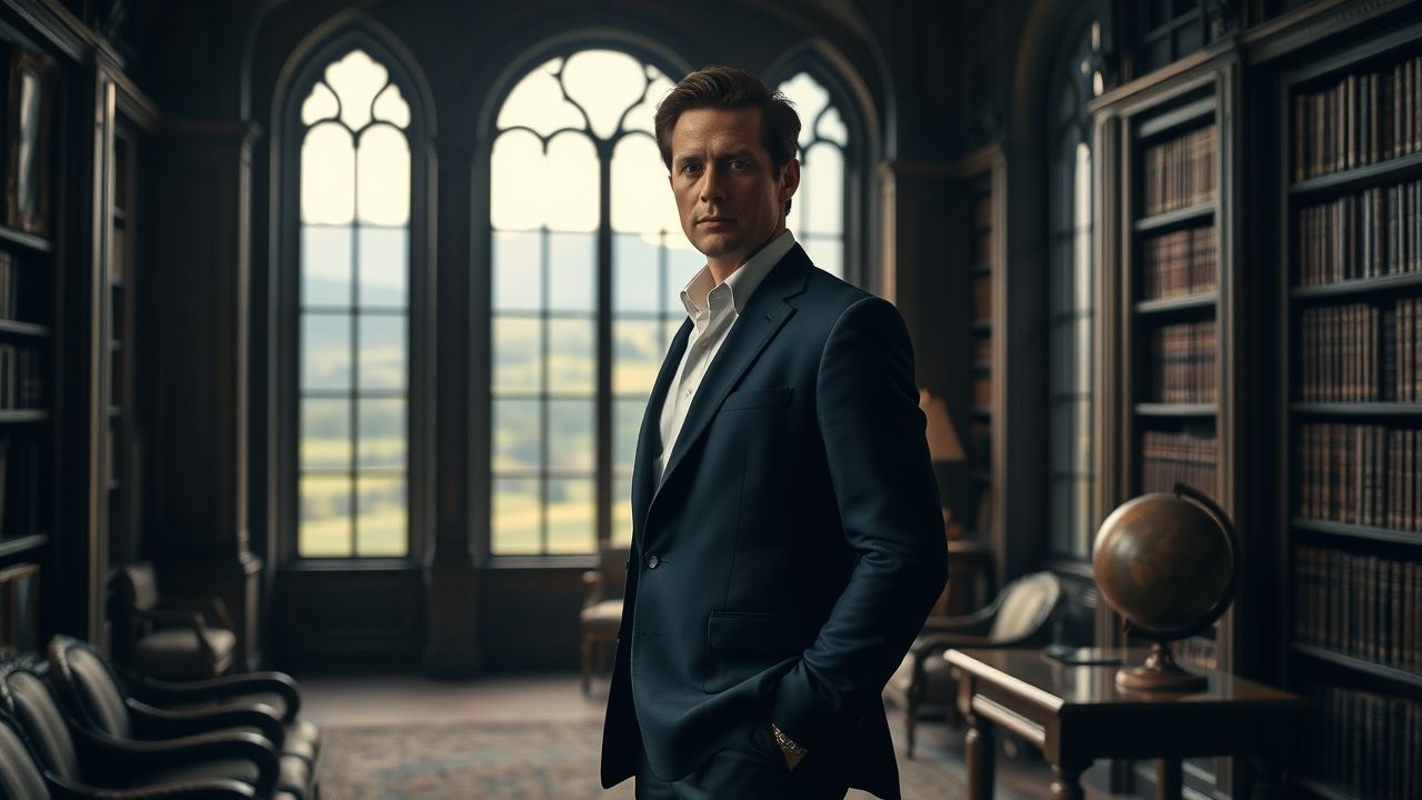 a wide landscape shot featuring ioan gruffudd approximately 50 years old standing poised and tho