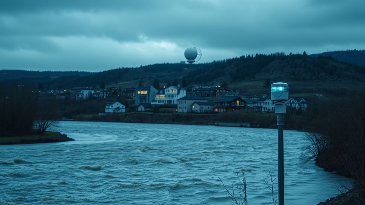a wide landscape view of a modern resilient community nestled beside a visibly swollen fast flowi