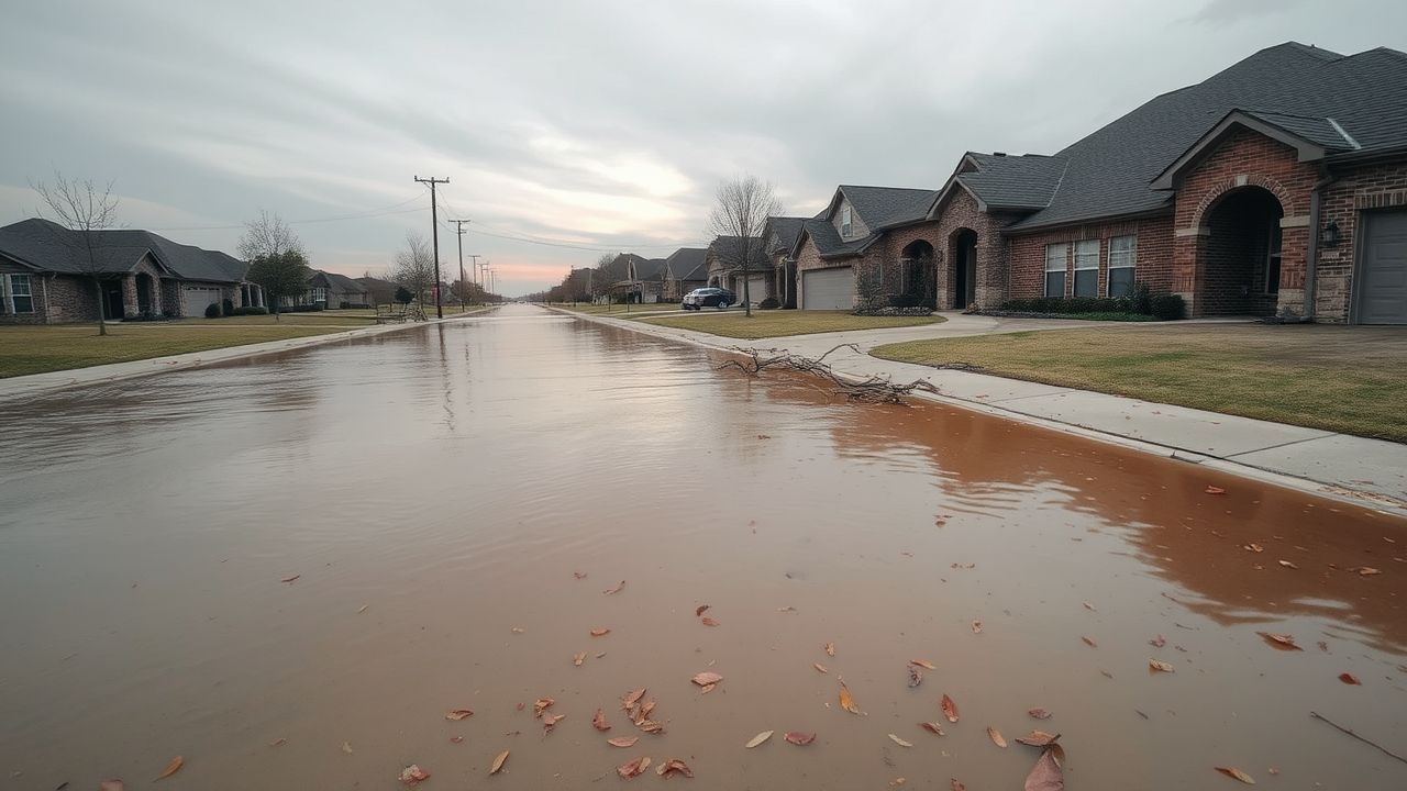 a wide landscape view of a residential street in williamson county texas after a significant floo
