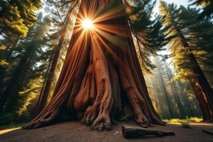 a wide low angle landscape shot capturing the immense scale of an ancient giant sequoia tree in seq