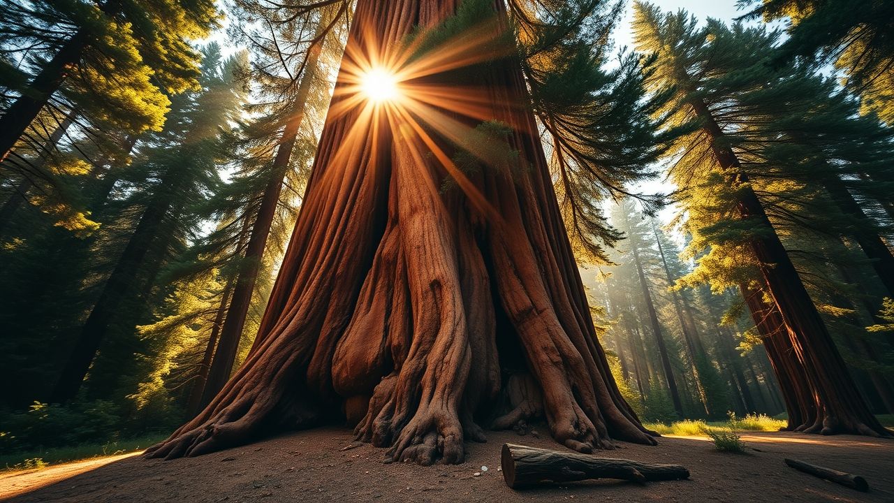 a wide low angle landscape shot capturing the immense scale of an ancient giant sequoia tree in seq