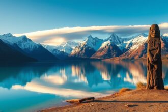a wide majestic panoramic landscape view of new zealand at golden hour in the foreground a pristi
