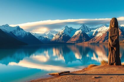 a wide majestic panoramic landscape view of new zealand at golden hour in the foreground a pristi