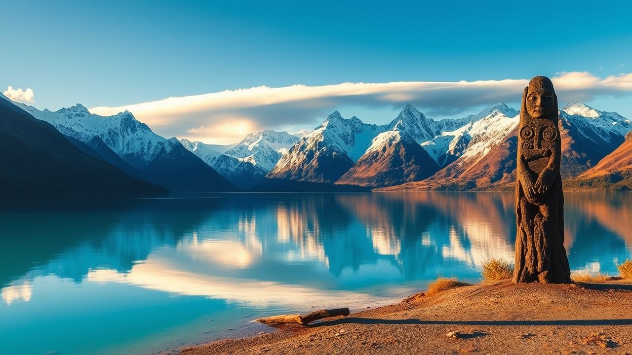 a wide majestic panoramic landscape view of new zealand at golden hour in the foreground a pristi