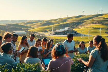 a wide panoramic landscape image depicting a harmonious blend of technology community and nature
