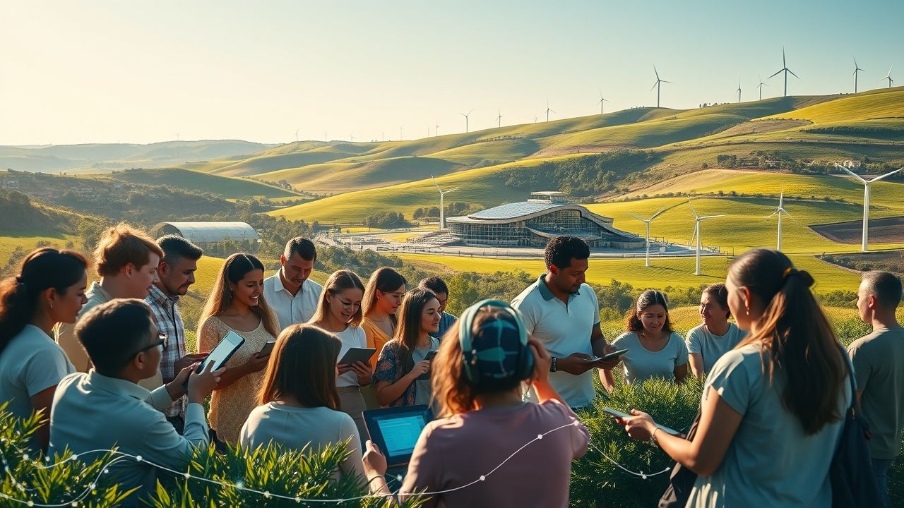 a wide panoramic landscape image depicting a harmonious blend of technology community and nature