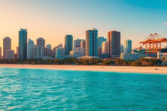 a wide panoramic landscape shot capturing the vibrant dynamic essence of miami dade county at gold