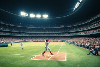 a wide panoramic landscape shot inside a modern packed japanese baseball stadium during a high ene