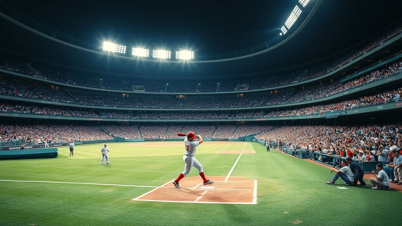 a wide panoramic landscape shot inside a modern packed japanese baseball stadium during a high ene