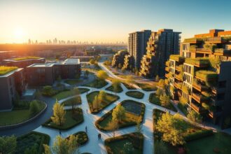 a wide panoramic landscape shot of a visionary sustainably designed urban housing development bath