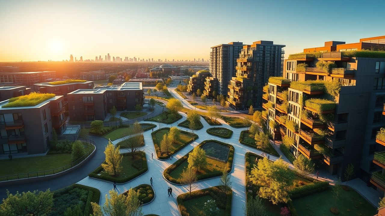 a wide panoramic landscape shot of a visionary sustainably designed urban housing development bath