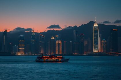 a wide panoramic landscape shot of hong kongs iconic victoria harbour and its dense financial dist