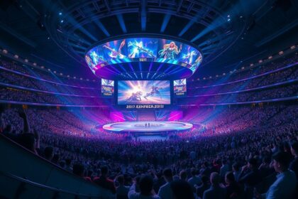 a wide panoramic shot of a colossal futuristic esports arena during a climactic league of legends