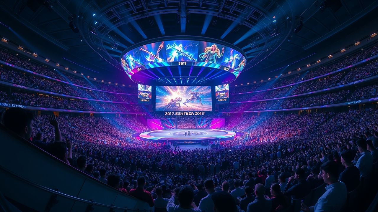 a wide panoramic shot of a colossal futuristic esports arena during a climactic league of legends